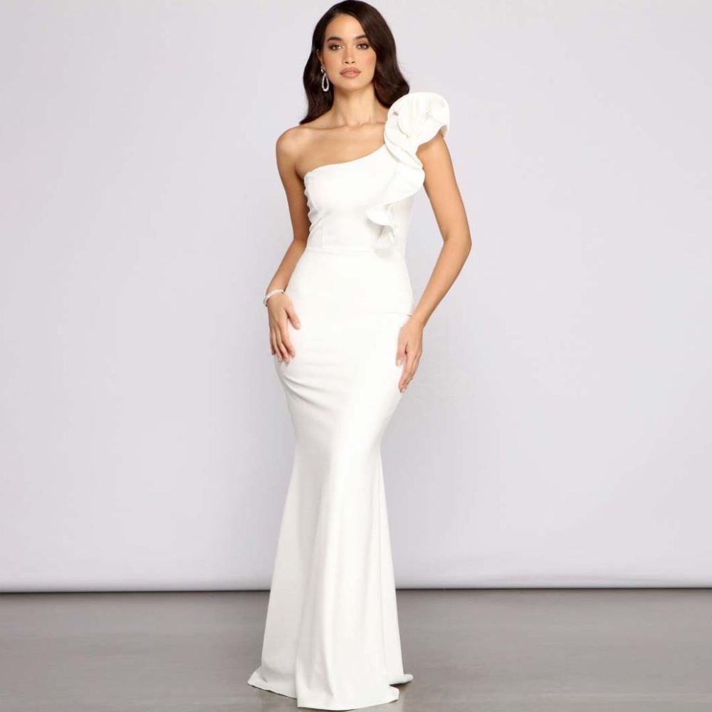 Windsor One-Shoulder White Ruffled Prom Gown